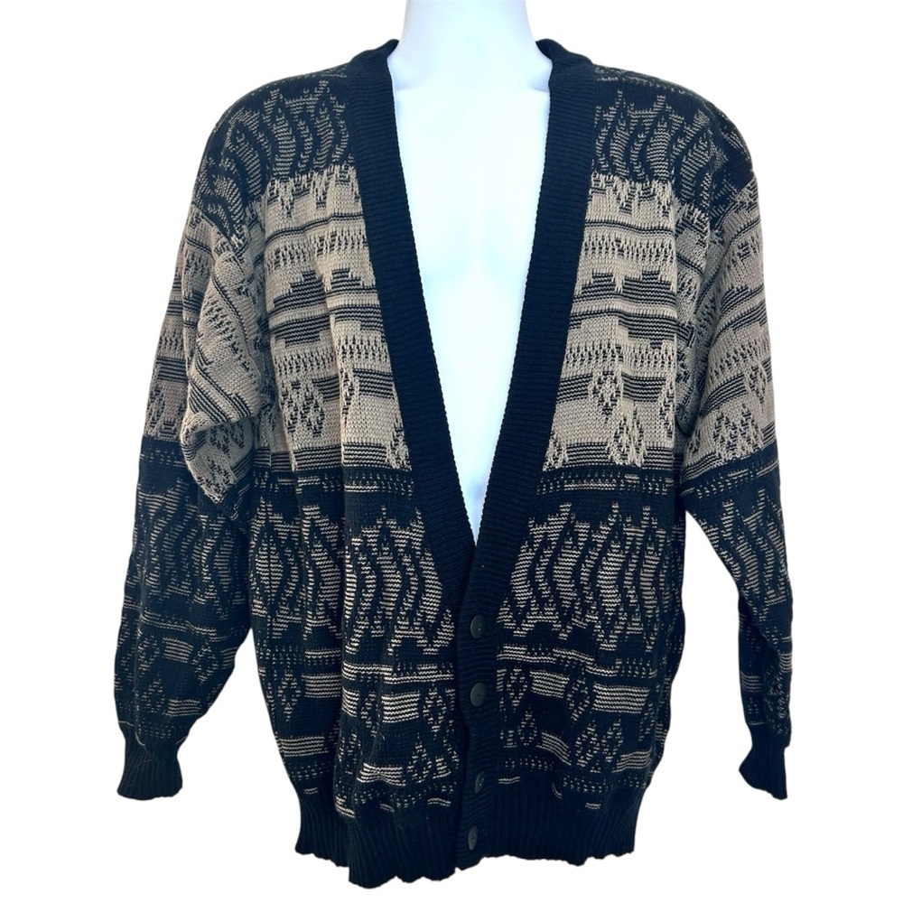 Zeppelin Vintage 90s Men’s Black Taupe Geometric Patterned Cardigan Size L Cosby